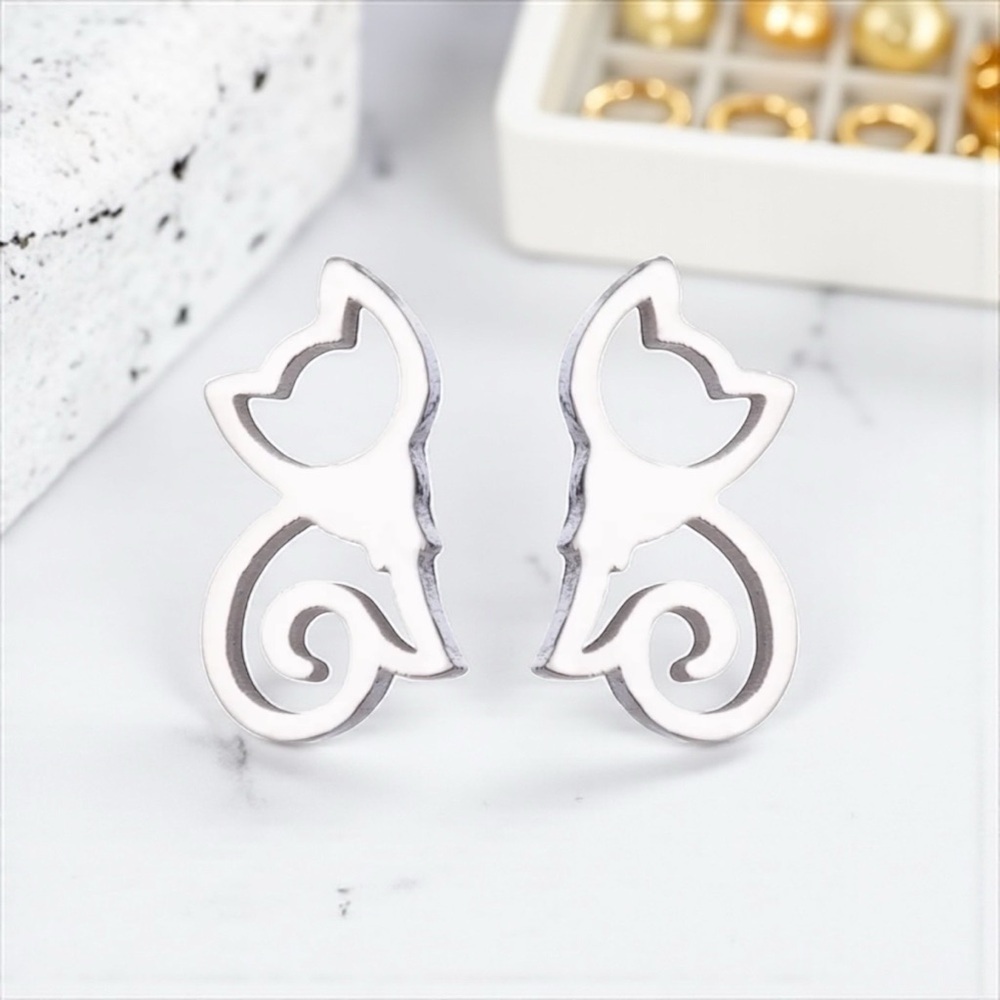 Charming Silver Cat Stud Earrings - NWOT